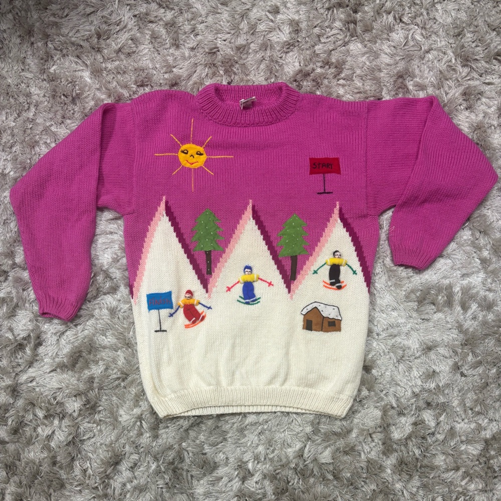 ANDINA Adult 100% Merino wool  Pink and Cream Sweater with Fun Design